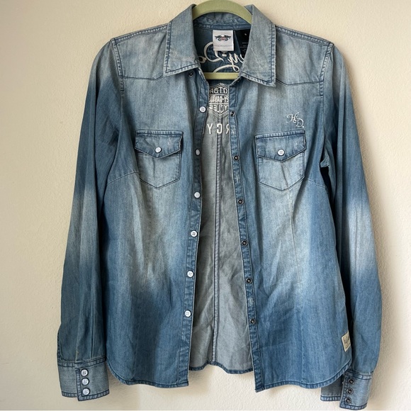 Harley-Davidson Faded Denim Button Down Shirt - Picture 1 of 13